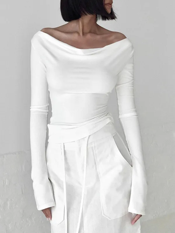 Solid Tied Open Back Long Sleeve Slinky Top sold by COMMENSE