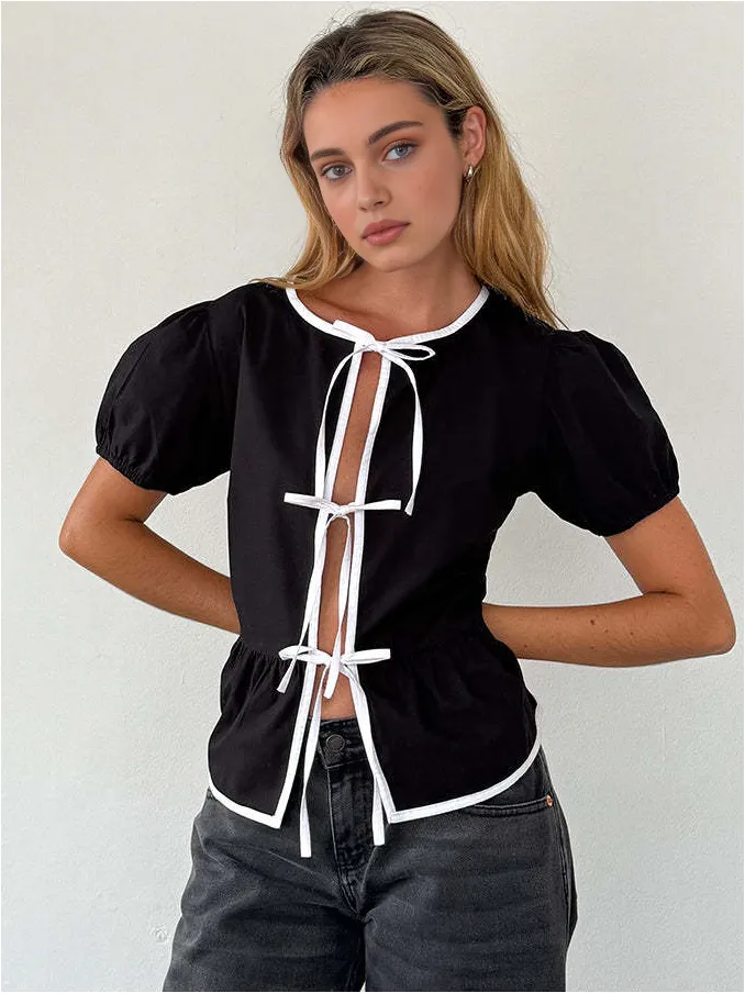 Contrast Binding Bow Decor Knotted Shirt sold by COMMENSE product image thumbnail 2