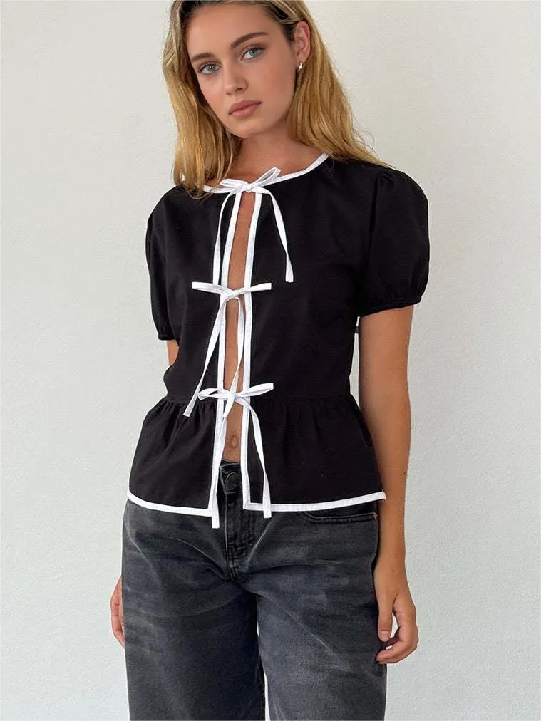Contrast Binding Bow Decor Knotted Shirt sold by COMMENSE product image thumbnail 3