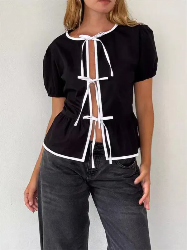 Contrast Binding Bow Decor Knotted Shirt sold by COMMENSE