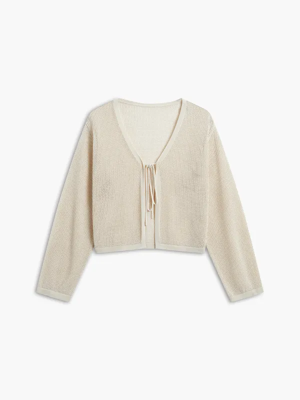 Tie Front Eyelet Cardigan sold by COMMENSE
