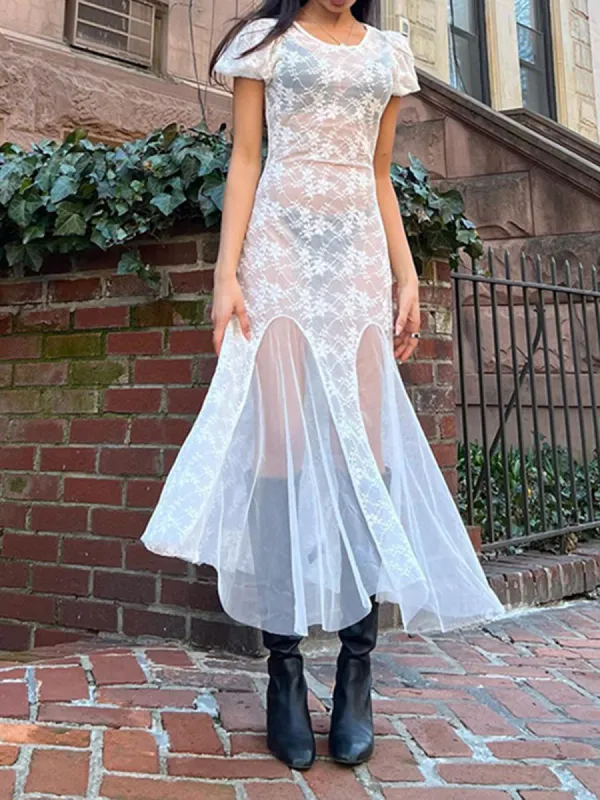 Jacquard Sheer Patchwork Midi Dress sold by COMMENSE