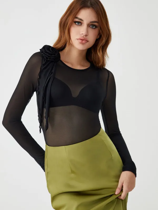Asymmetrical Flower Mesh Top sold by COMMENSE