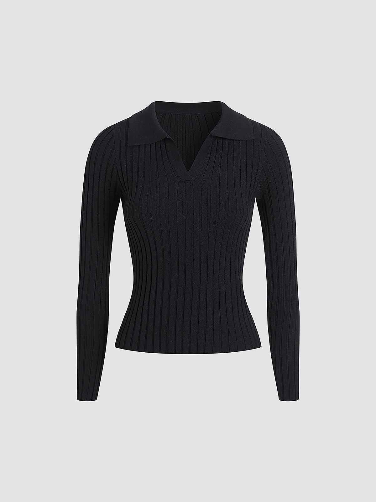 Collared Solid V-Neck Sweater sold by COMMENSE