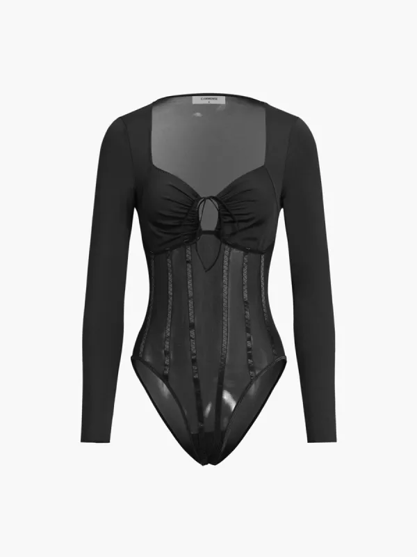 Knot Front Bustier Mesh Bodysuit sold by COMMENSE