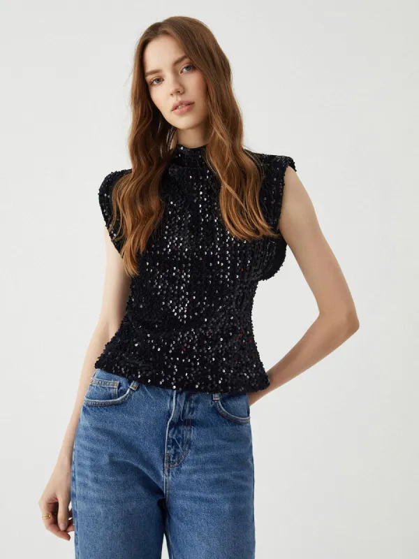 Sequin Sleeveless Mock Neck Top sold by COMMENSE