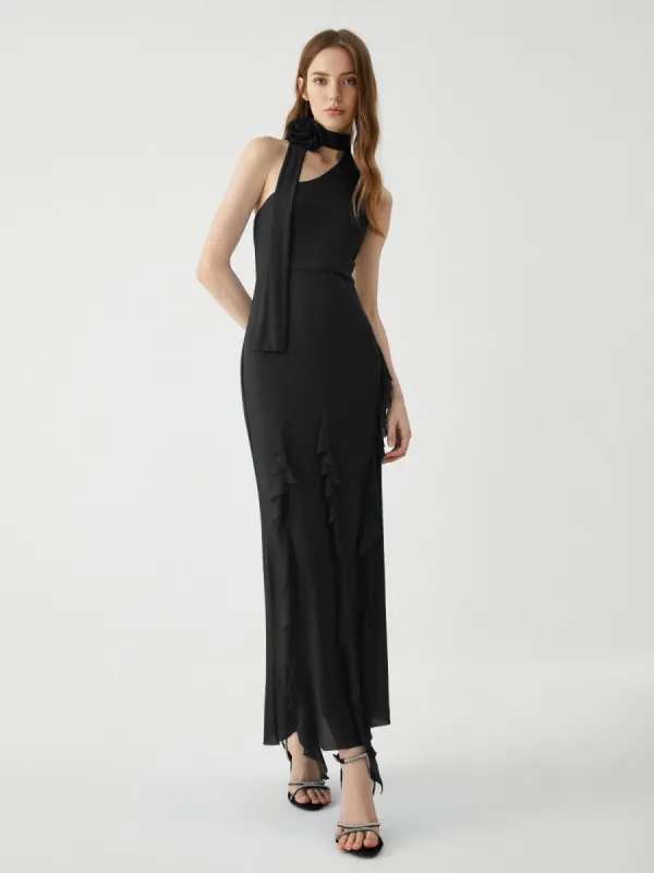 Ruffle Elastic Waist Floral Scarf Long Knit Dress made by COMMENSE