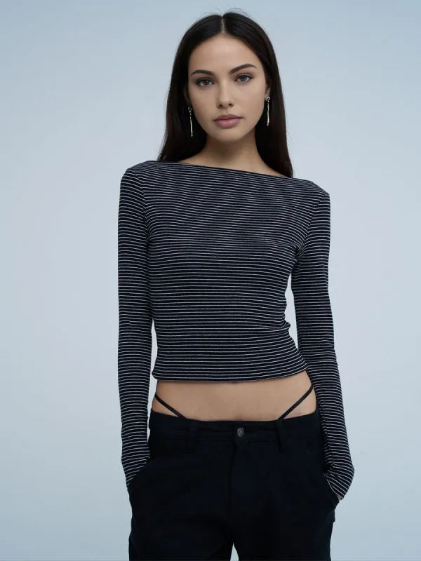Striped Long Sleeve Crop Top sold by COMMENSE