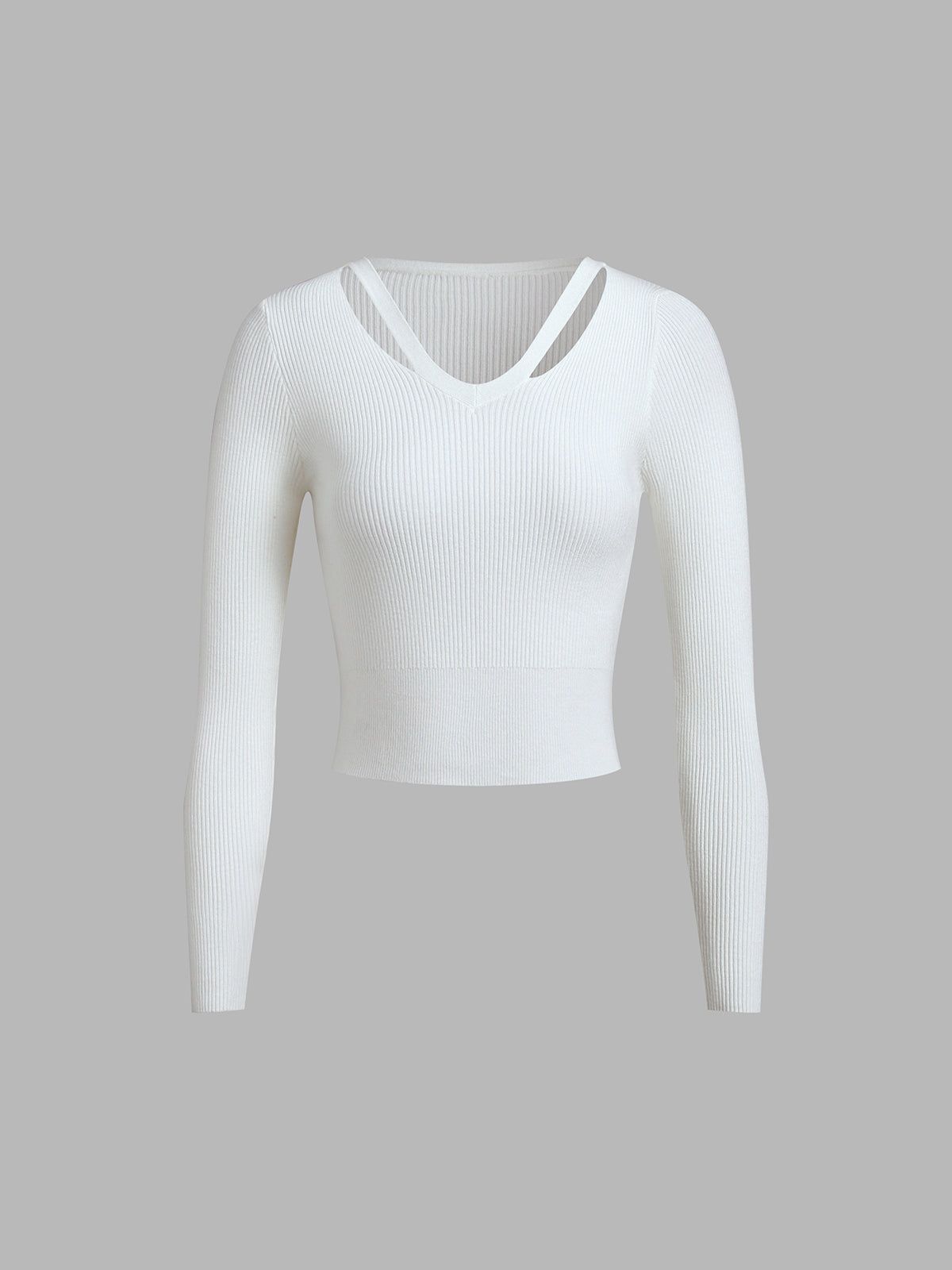 V-Neck Cutout Ribbed Long Sleeve Knit Top sold by COMMENSE