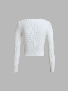 V-Neck Cutout Ribbed Long Sleeve Knit Top sold by COMMENSE