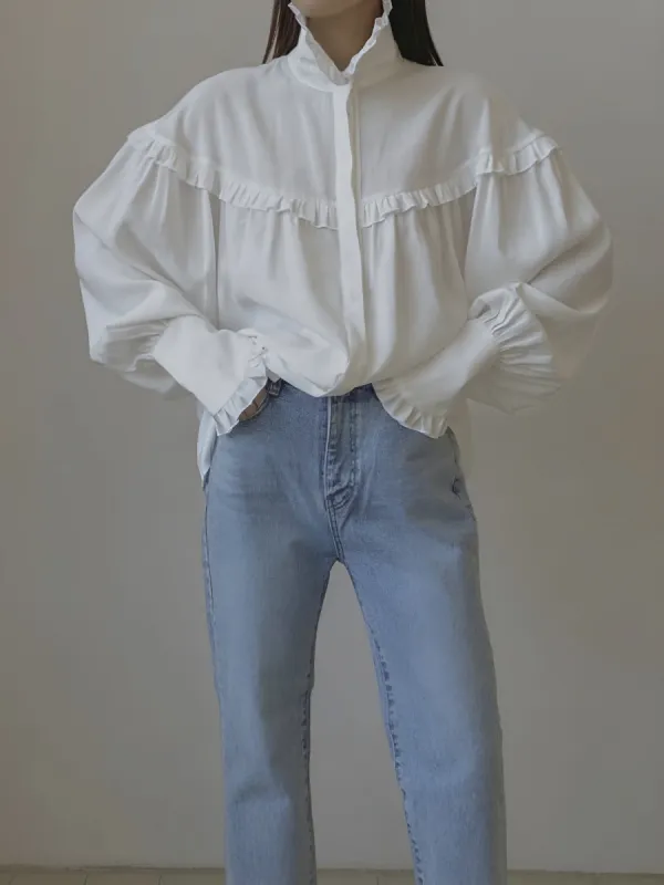 Lapel Lettuce Trim Lantern Sleeves Shirt sold by COMMENSE