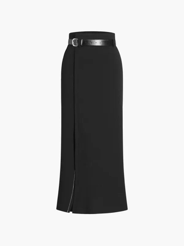 Zipper Front Split Belted Maxi Skirt sold by COMMENSE