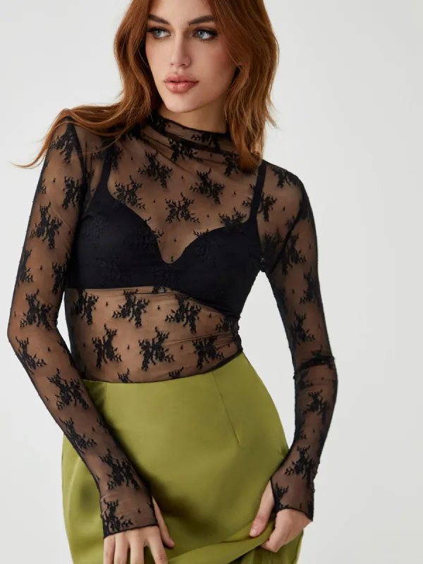 Mesh Long Sleeve Floral Shirt sold by COMMENSE