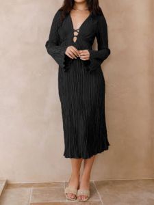 Pleated V-neck Tie-back Midi Dress sold by COMMENSE