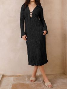 Pleated V-neck Tie-back Midi Dress sold by COMMENSE