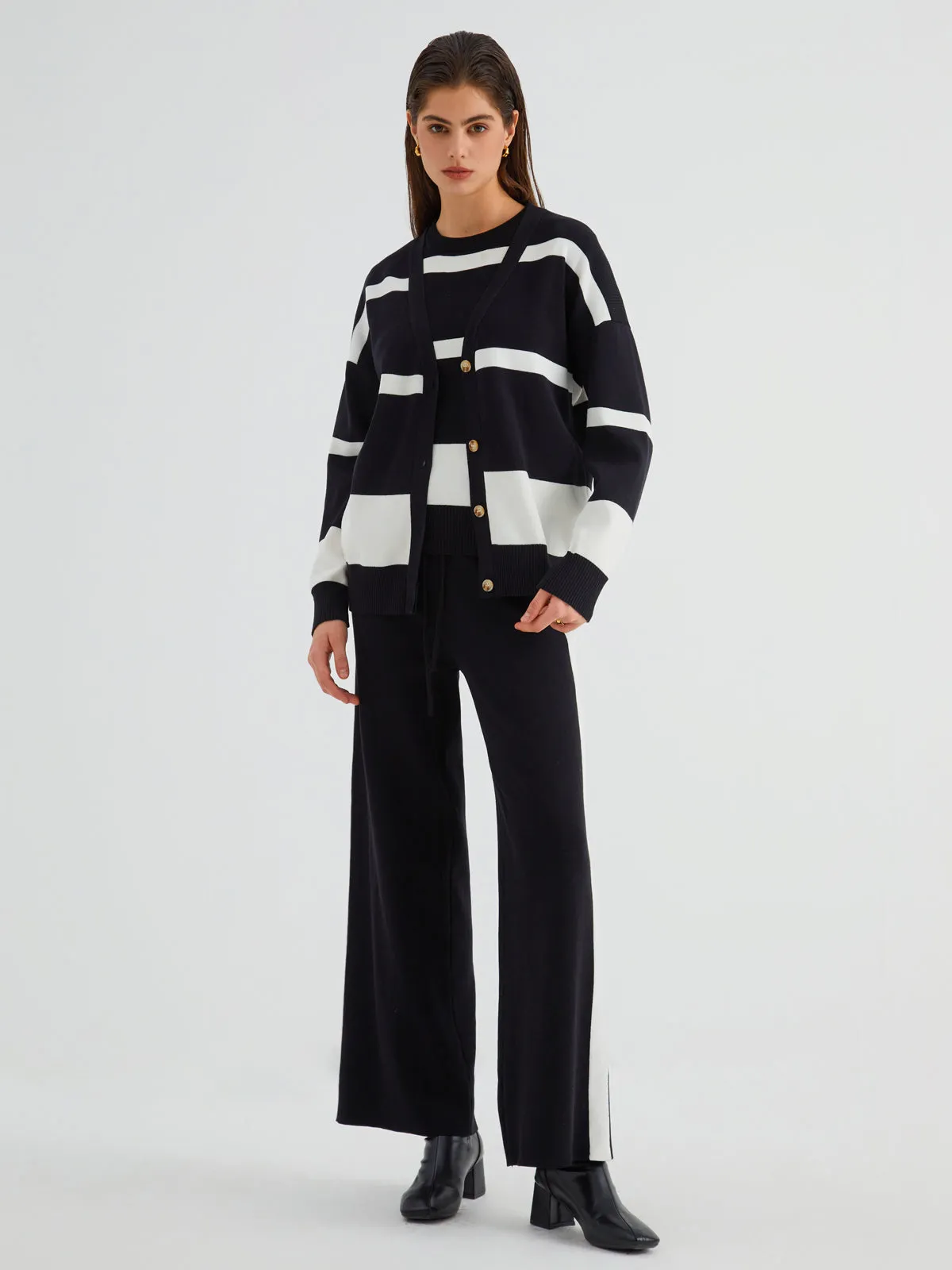 Minimalism Stripe Sweater Three Piece Pants Set sold by COMMENSE