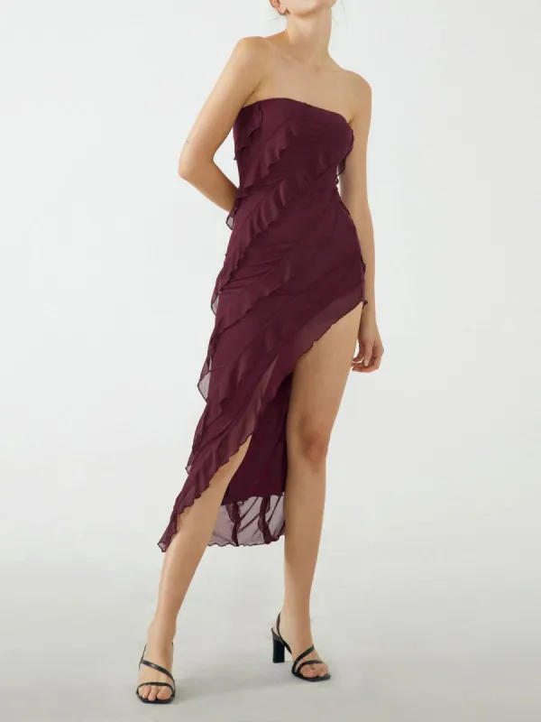 Oblique Ruffle Tube Midi Dress sold by COMMENSE