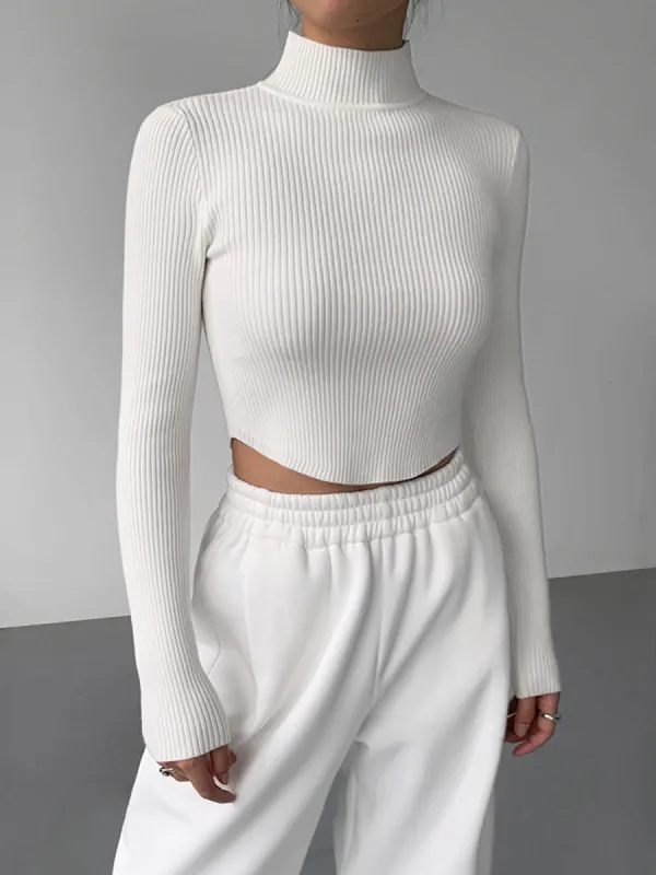Knit Rib Long Sleeve Mock Neck Crop Top sold by COMMENSE