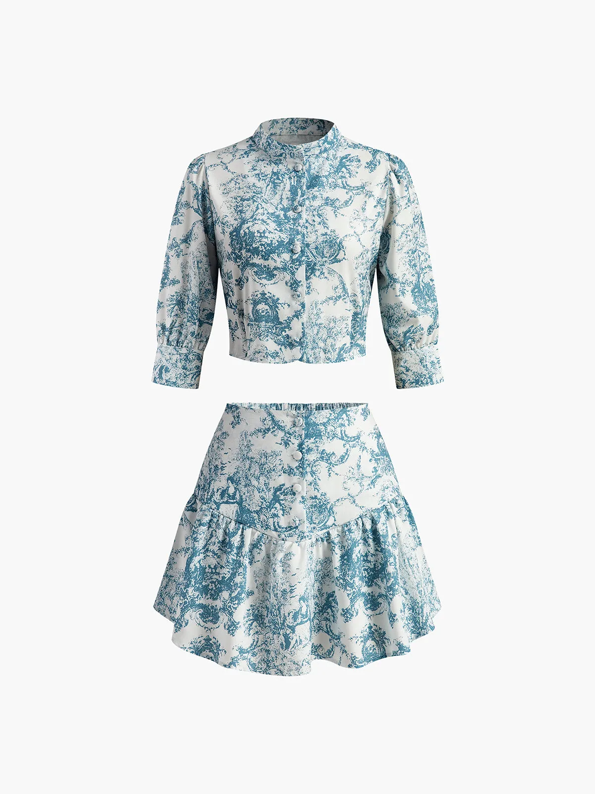 Vintage Printed Stand Collar Skirt Set sold by COMMENSE