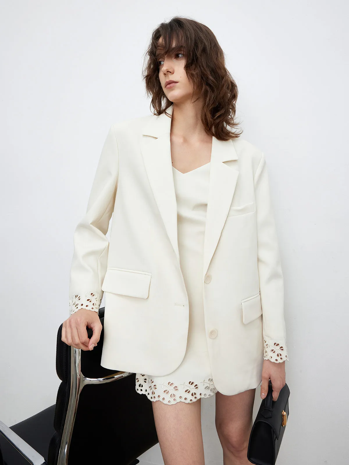 Solid Color Embroidered Cuff Blazer sold by COMMENSE