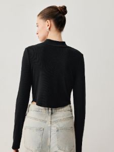 Knit Cut Out Mock Neck Long Sleeve Crop Top sold by COMMENSE