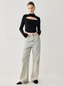Knit Cut Out Mock Neck Long Sleeve Crop Top sold by COMMENSE