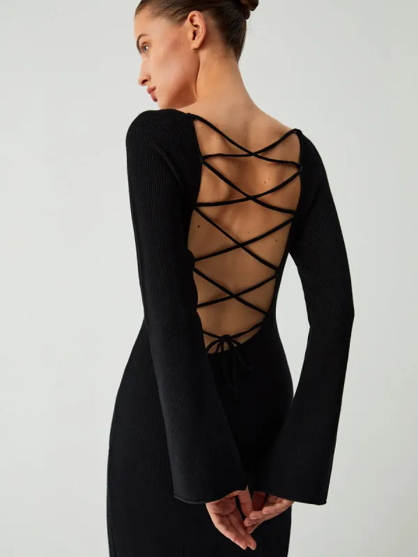 Criss Cross Tie Back Long Sleeve Long Sweater Dress sold by COMMENSE
