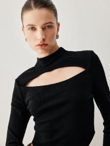 Knit Cut Out Mock Neck Long Sleeve Crop Top sold by COMMENSE