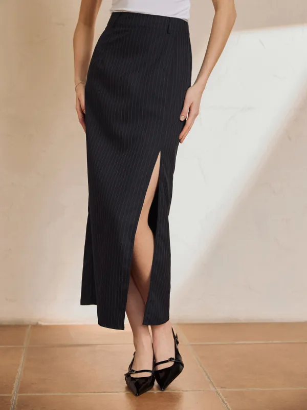 Solid Stripe Split Maxi Skirt sold by COMMENSE