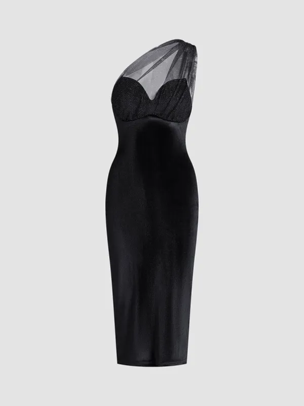 One Shoulder Mesh Velvet Zip Slit Midi Dress sold by COMMENSE