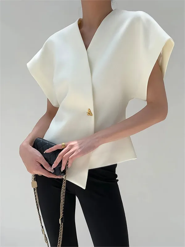 Trendy V-Neck Button Down Blouse sold by COMMENSE