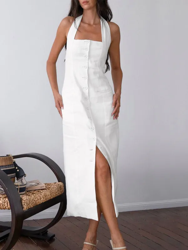 Tied Halter Open Back Cotton Linen Midi Dress sold by COMMENSE