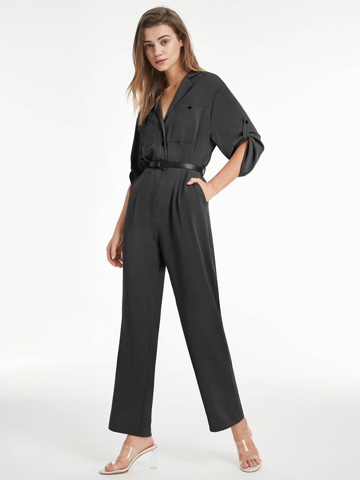 V Neck Button Front Short Sleeve Flare Leg Jumpsuit sold by COMMENSE product image thumbnail 2