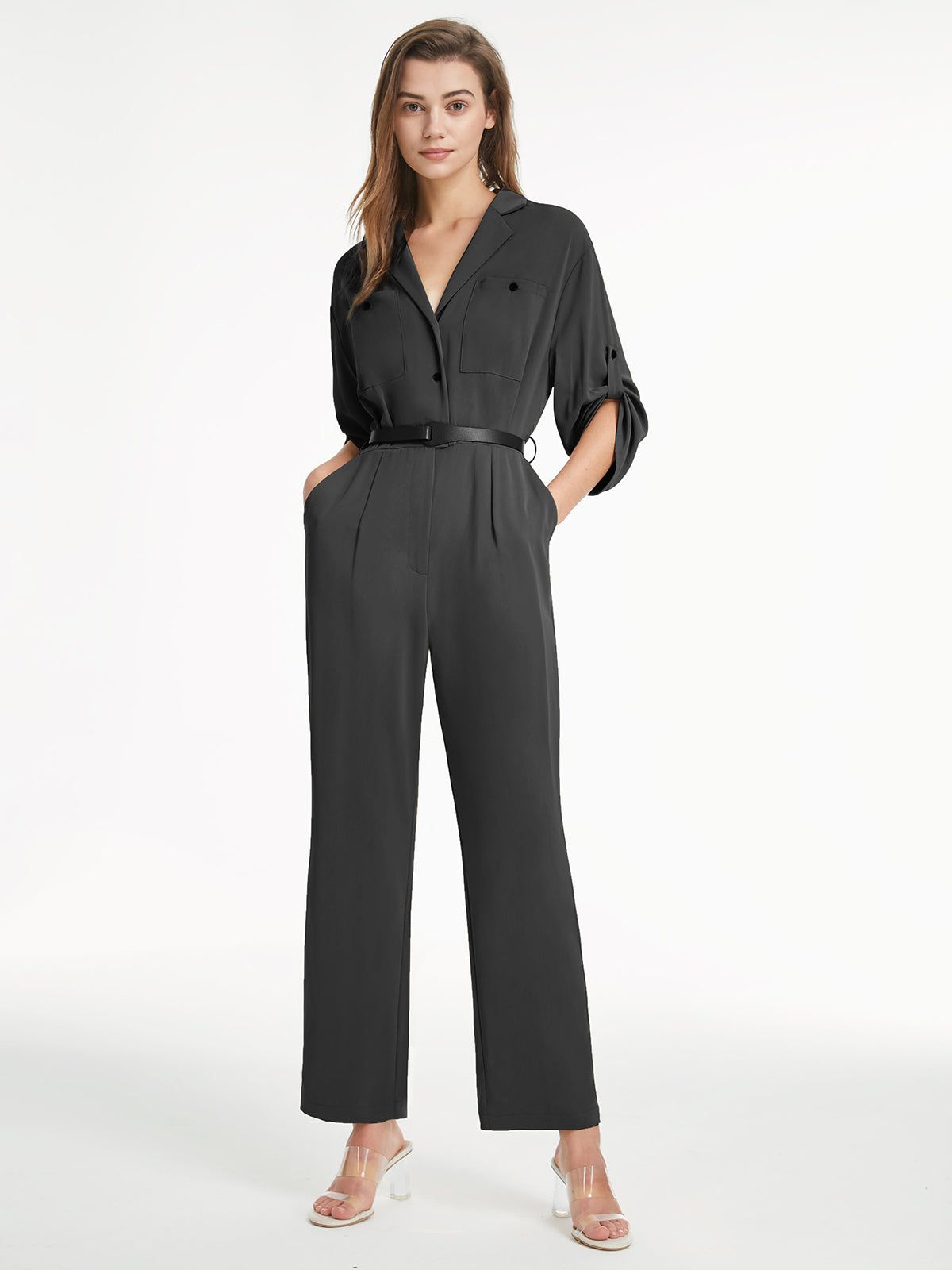 V Neck Button Front Short Sleeve Flare Leg Jumpsuit sold by COMMENSE product image thumbnail 3