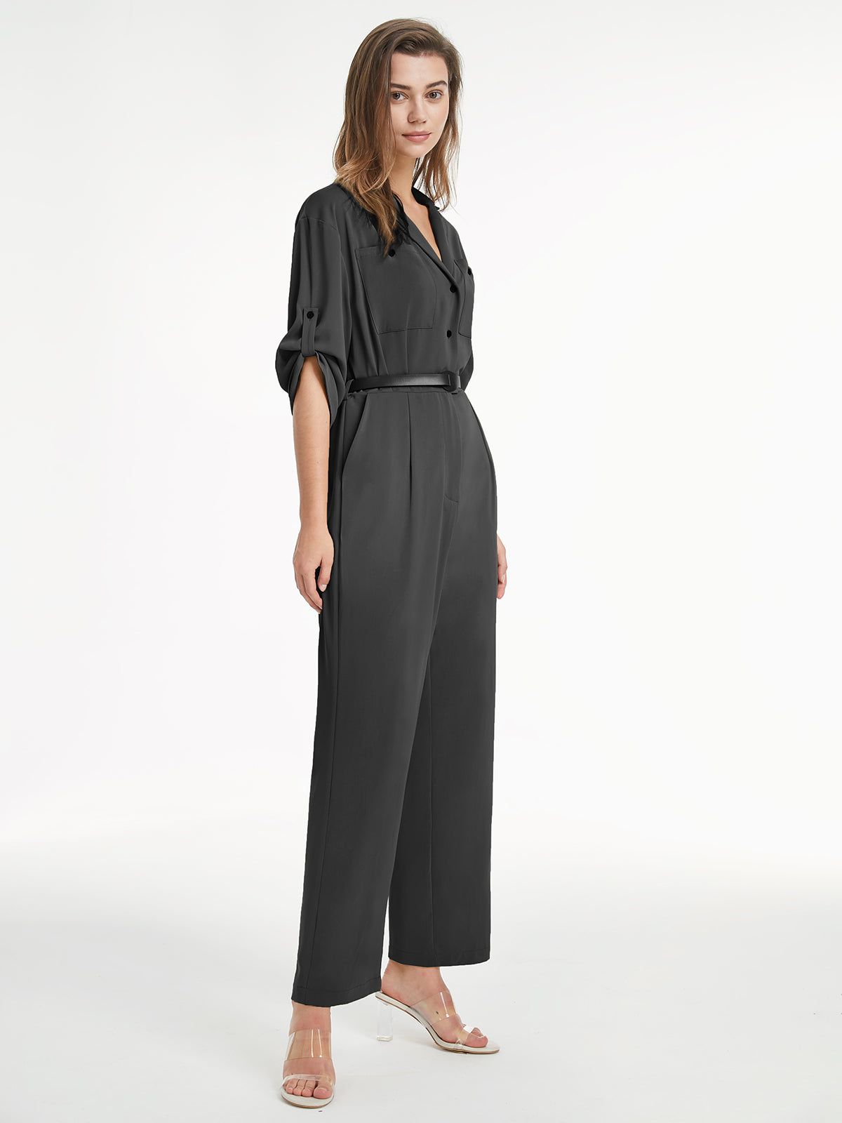 V Neck Button Front Short Sleeve Flare Leg Jumpsuit sold by COMMENSE product image thumbnail 4