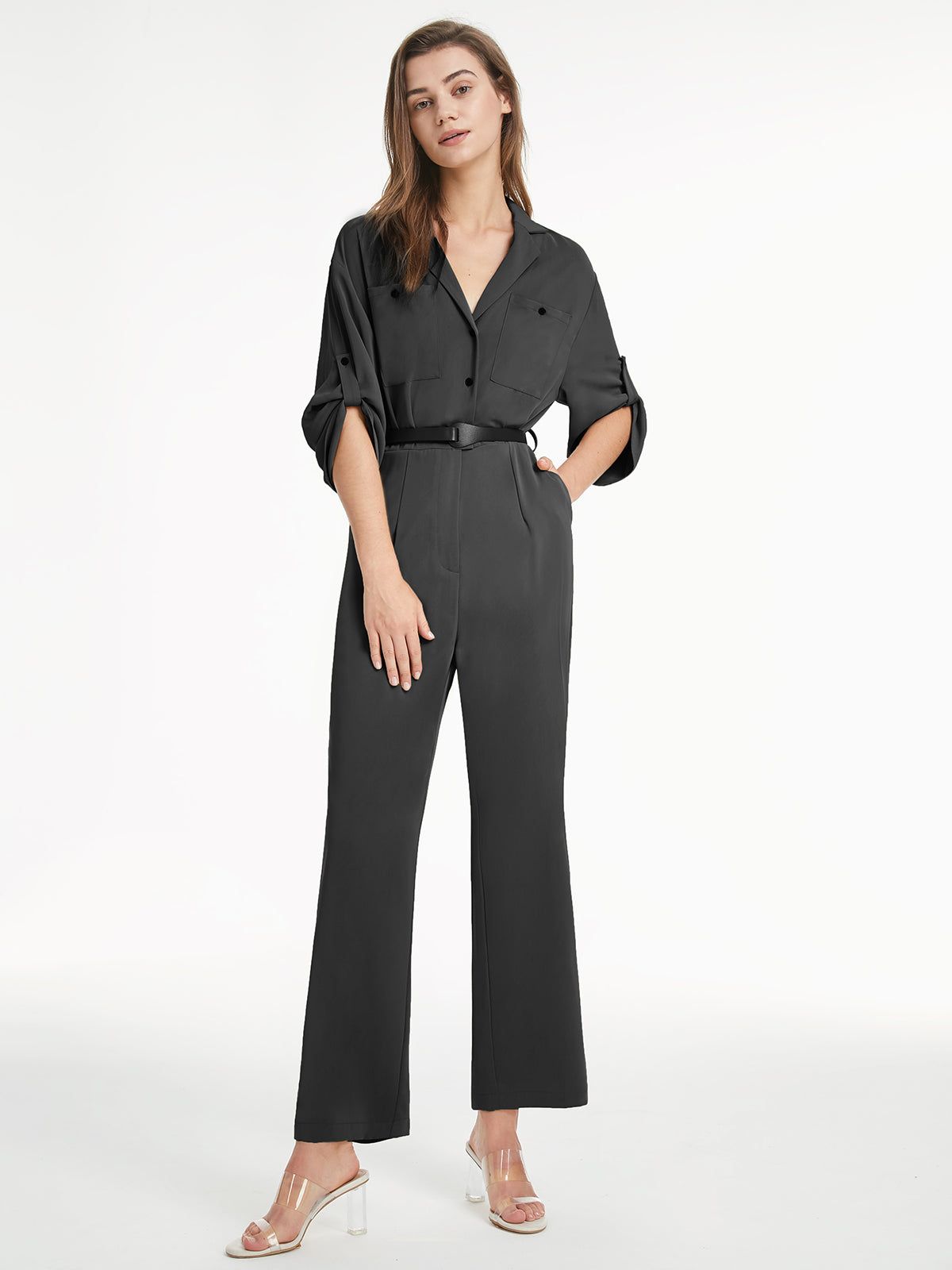 V Neck Button Front Short Sleeve Flare Leg Jumpsuit sold by COMMENSE
