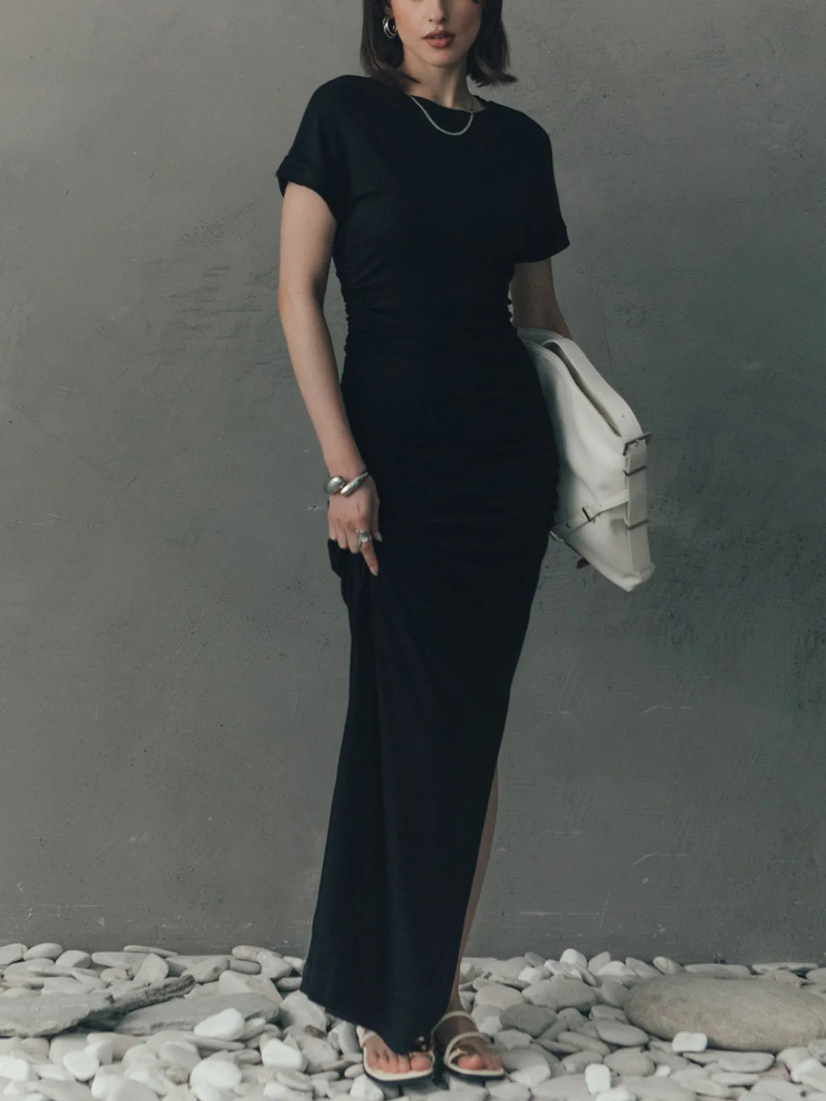 Plain Pleated Split Long Dress sold by COMMENSE product image thumbnail 4