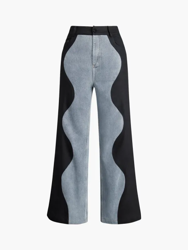 Wavy Patchwork Wide Leg Jeans sold by COMMENSE