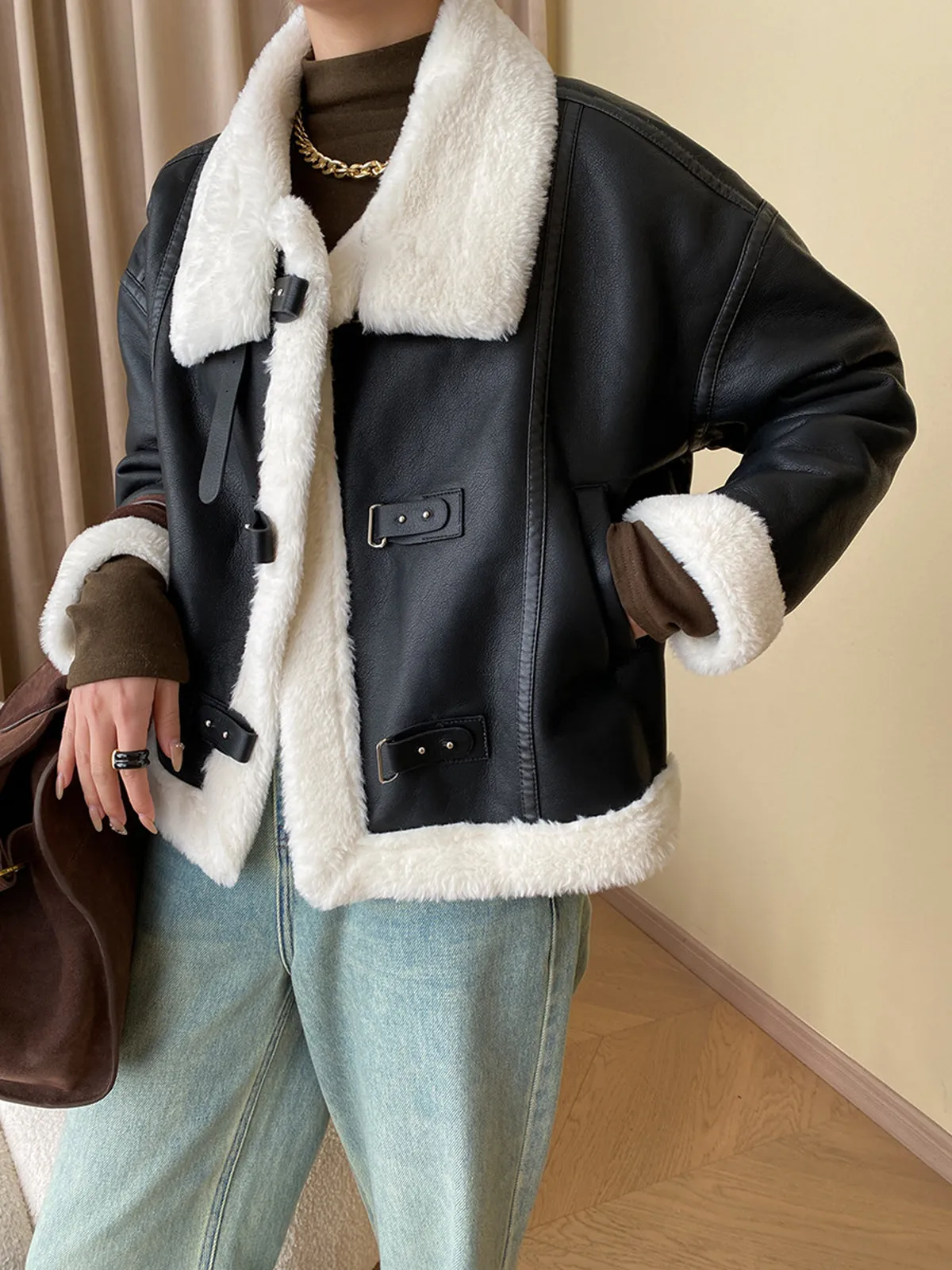 Patchwork Sherpa Lined Shearling Leather Jacket sold by COMMENSE product image thumbnail 2