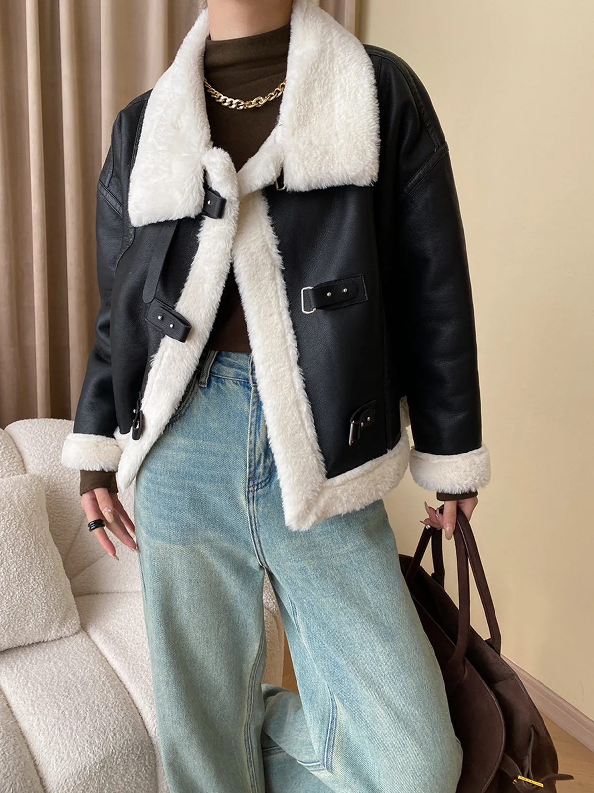 Patchwork Sherpa Lined Shearling Leather Jacket sold by COMMENSE product image thumbnail 3