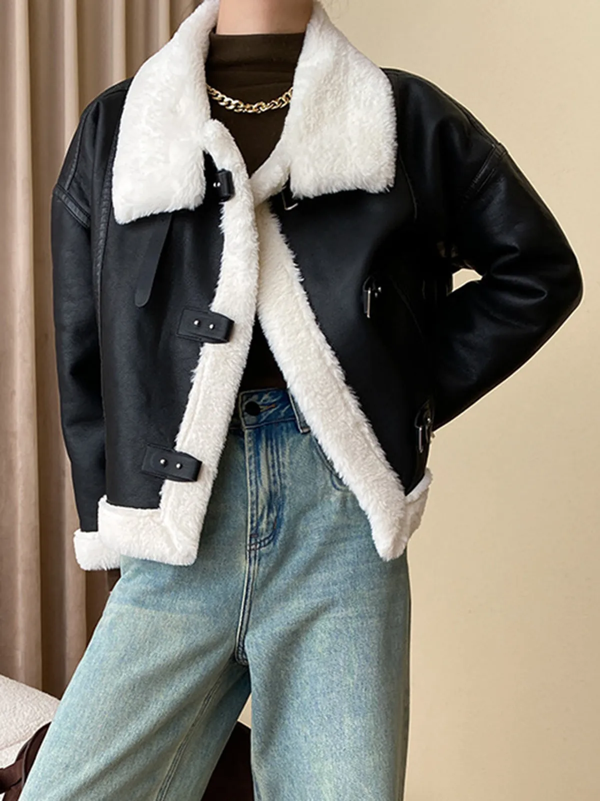 Patchwork Sherpa Lined Shearling Leather Jacket sold by COMMENSE