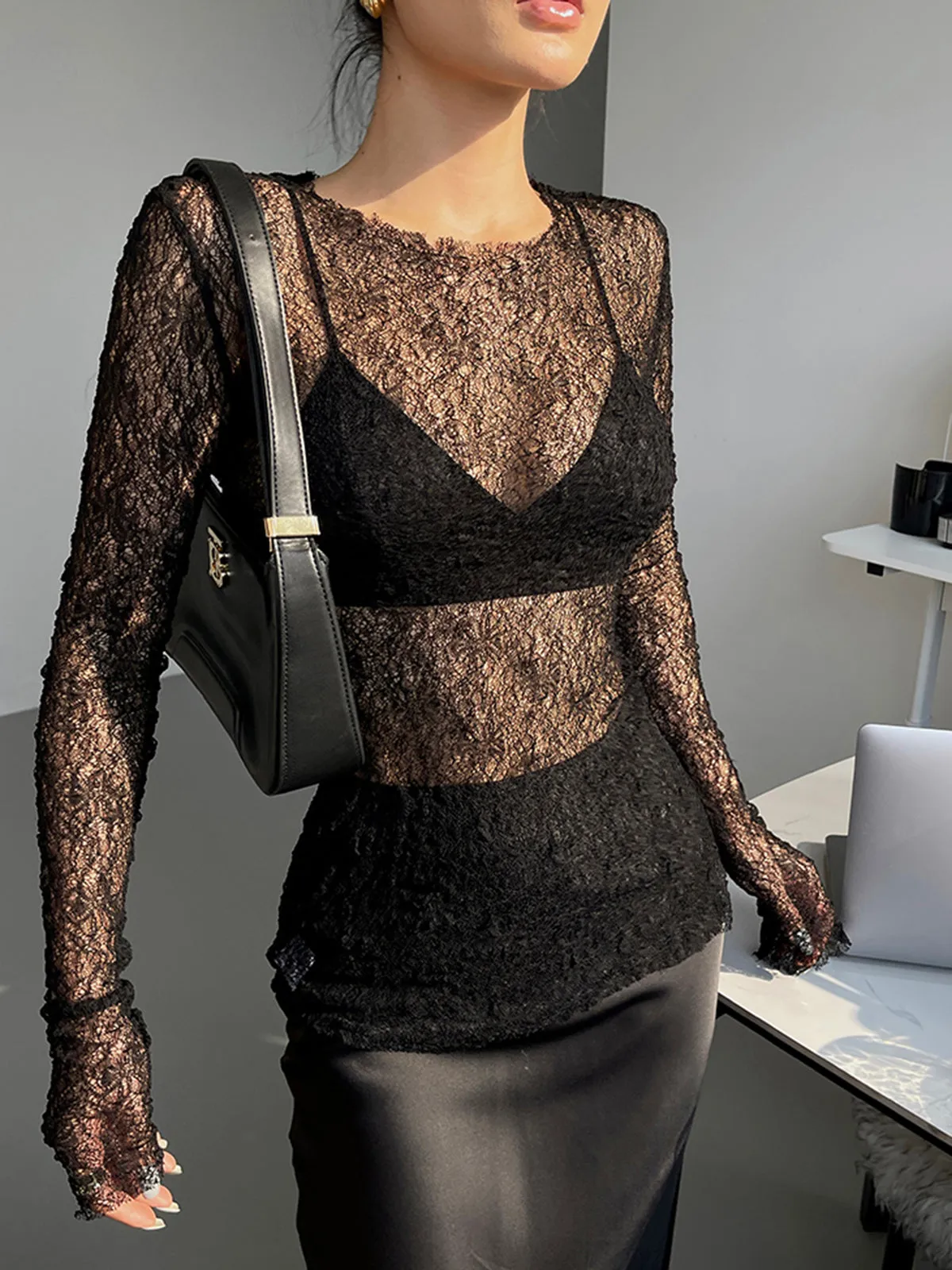 Lace Raw Hem Crew Neck Long Sleeve Top sold by COMMENSE product image thumbnail 4