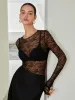 Lace Raw Hem Crew Neck Long Sleeve Top sold by COMMENSE
