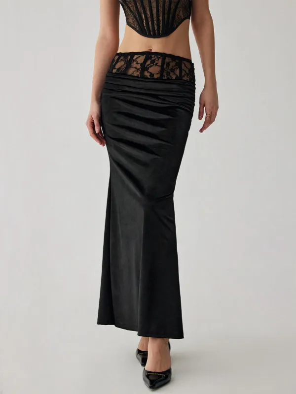 Velvet Lace Patchwork Ruched Maxi Skirt sold by COMMENSE