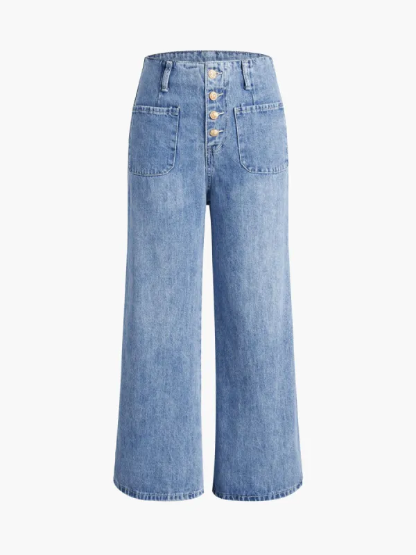 Triple Buttons Wide Leg Denim Jeans sold by COMMENSE