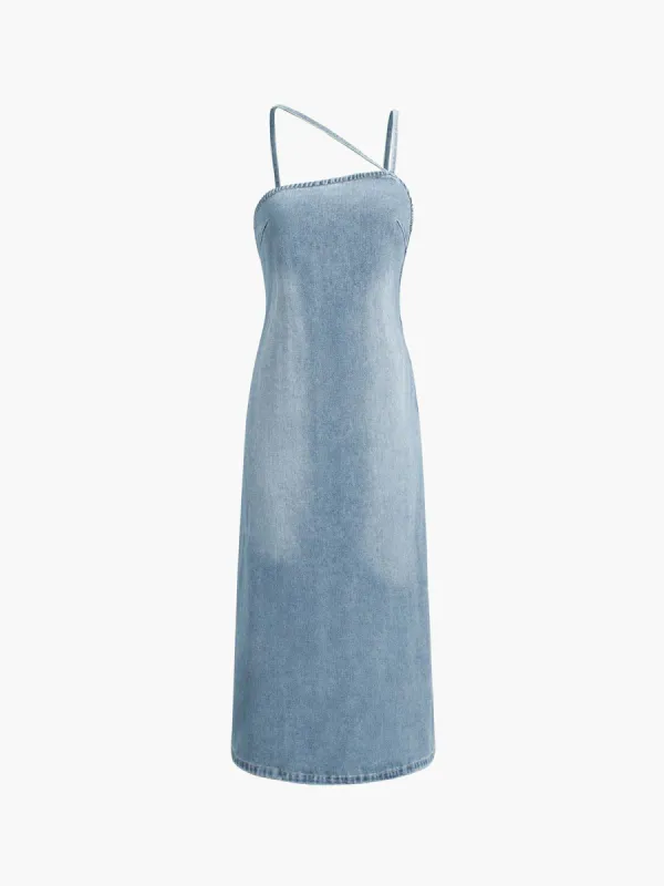 Oblique Strap Faded Denim Long Jean Dress sold by COMMENSE