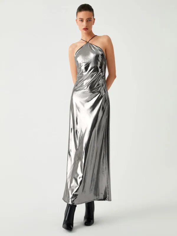 Metallic Leather Halter Long Dress sold by COMMENSE