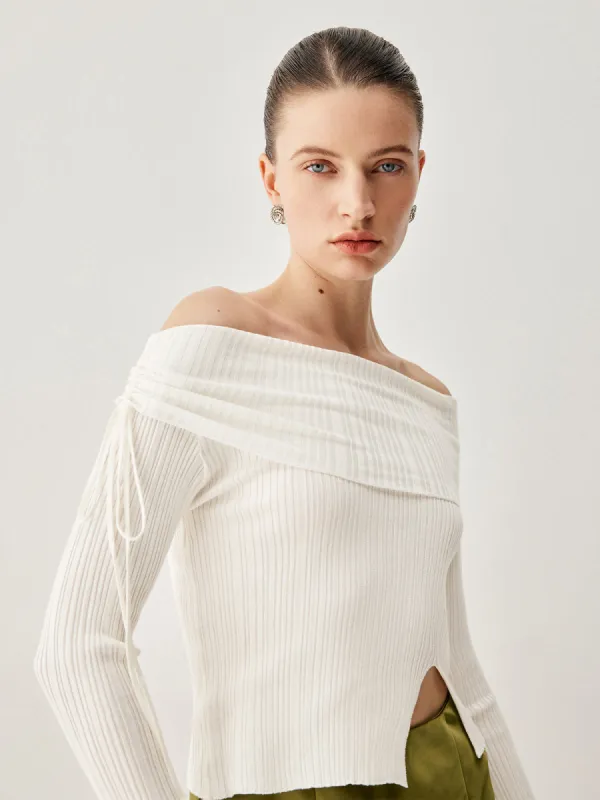 Drawstring Overfold Off Shoulder Slit Ribbed Knit Top sold by COMMENSE