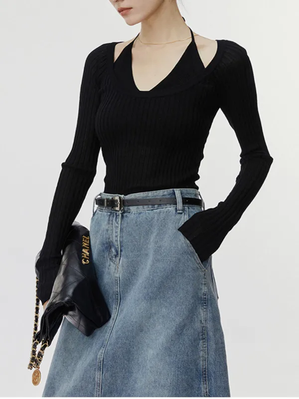 Double Layers Halter Knit Top sold by COMMENSE