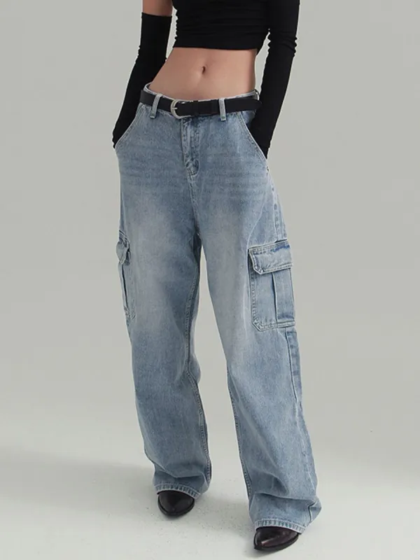 Faded Denim Wide Leg Boyfriend Jeans sold by COMMENSE